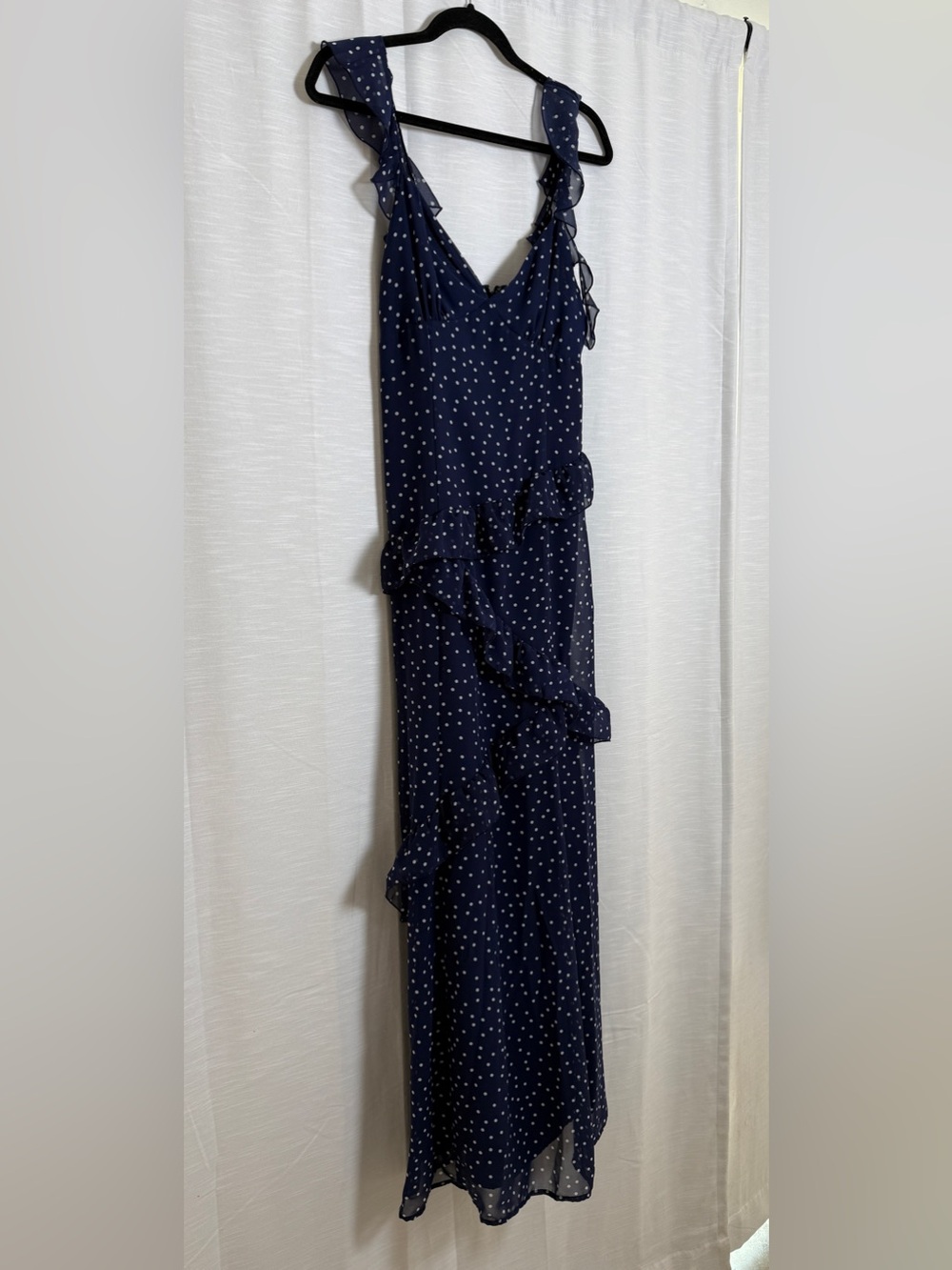 BP Navy Polka Dot Asymmetric Ruffle Tiered Maxi Dress | Size M - Picture 10 of 17